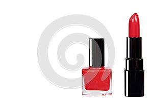 Red lipstick in black tube and nail polish bottle, beauty and care