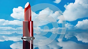 Red lipstick on a blue background. Glamorous red lipstick tube. Shiny lipstick, holiday makeup. Concept for advertising