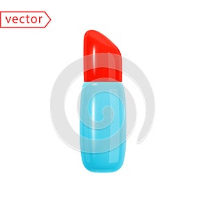 Red lipstick in blue case. 3d illustration in cartoon style. Icon isolated on white background. 3d object vector