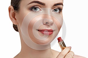 Red Lipstick. Closeup Of Woman Face With  Red Matte Lipstick On Full Lips. Beauty Cosmetics,
