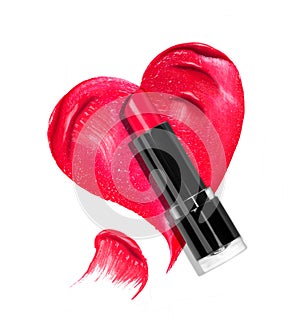 Red lipstick with cosmetic stroke in the form of heart