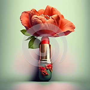 Red lipstick in a decorated green case with a peony flower growing from inside. Luxury makeup beauty fashion femininity concept.