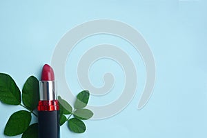 Red lipstick  with green leaves on pastel background, Minimal makeup fashion concept
