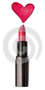 Red lipstick with a lipstick heart shape stroke isolated on a white background