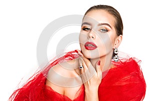 Red Lipstick Makeup Woman Beauty Fashion Portrait. Facial Treatment. Skin, Lips and Nails Care. Isolated White