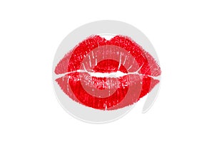 Red lipstick mark beautiful big lips kiss isolated. photo