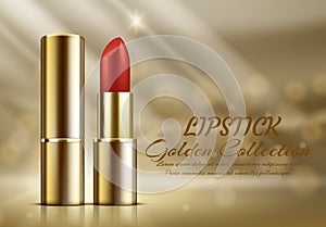 Red lipstick mockup, cosmetic package design, gold backgraund. photo