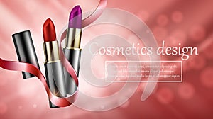 Red lipstick mockup, cosmetic package design, red backgraund. photo