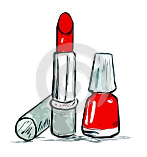 Red lipstick and nail polish on a white background