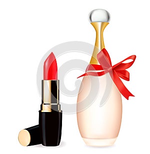 Red lipstick and perfume bottle.