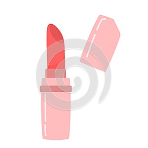 Red lipstick in pink tube. Hand drawn makeup product in cartoon style. Vector illustration