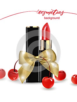 Red lipstick and red cherry. Beauty and cosmetics background. Use for advertising flyer, banner, leaflet. Template Vector