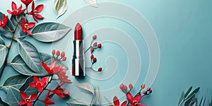 red lipstick among red flowers, lip gloss, spa and cosmetology concept, skin care, bright makeup, blue background,