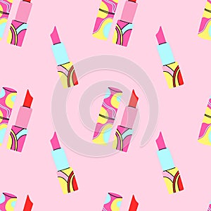 Red lipstick seamless pattern. Female beauty makeup element on pink background poster or card. Trendy glamour shiny gloss cosmetic