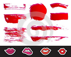 Red Lipstick Smears Set. Texture brush strokes isolated on white background. Make up.