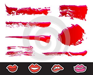 Red Lipstick Smears Set. Texture brush strokes isolated on white background. Make up.