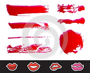 Red Lipstick Smears Set. Texture brush strokes isolated on white background. Make up.