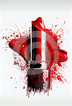 a red lipstick with a splattered red liquid on it\'s side and a white background with a white border