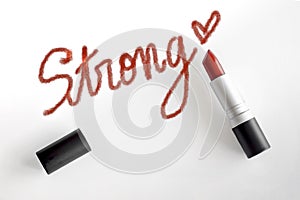 Red Lipstick with strong word and heart handwriting stroke