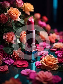 a red lipstick surrounded by flowers