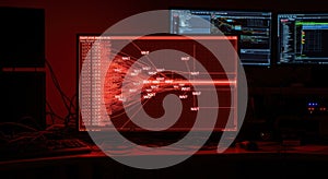 Red-lit computer screen displaying complex data network in a dark room