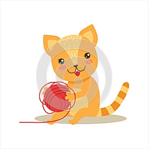 Red Little Girly Cute Kitten Playing With Clew Ball, Cartoon Pet Character Life Situation Illustration