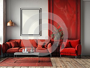 Red living room interior with velvet sofa, armchair, coffee table, and decorations