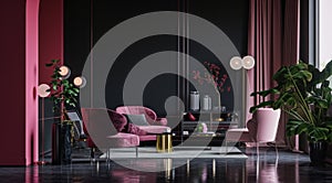 red living room with pink chairs and black walls