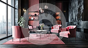 red living room with pink chairs and black walls