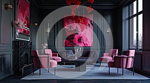 red living room with pink chairs and black walls