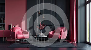 red living room with pink chairs and black walls