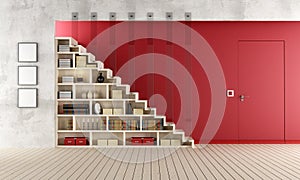 Red Living room with wooden staircase and bookcase