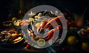 Red lobster standing out among the variety of seafood products. Healthy gourmet dinner on the table. Close up. Generative AI