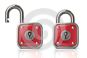 Red lock and unlock padlock 3d illustration