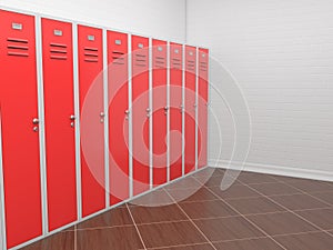 Red lockers in in the empty room. 3d illustration