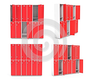 Red lockers for schoool or gym. Set of closed and open sections