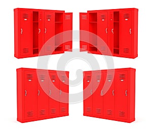 Red lockers. Set with different view pointm with open and closed doors. 3d rendering illustration isolated