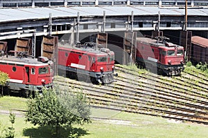 The red locomotives