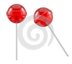 Red lollipop on white plastic stick. Isolated sweet candy. 3D rendered image.