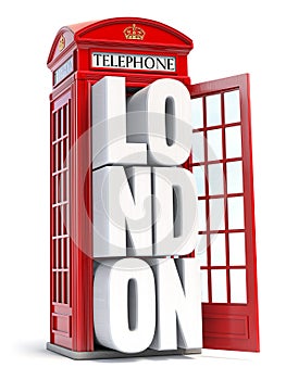 Red London telephone booth with text London isolated on white background