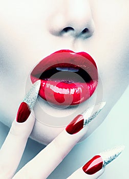 Red Long Nails and Red Glossy Lips