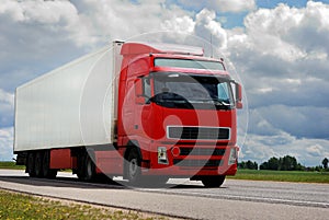 Red lorry with trailer