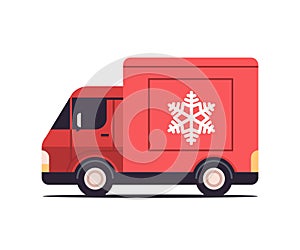 Red lorry truck delivering gifts merry christmas happy new year holiday celebration express delivery concept