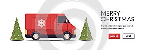 Red lorry truck delivering gifts merry christmas happy new year holidays celebration express delivery concept