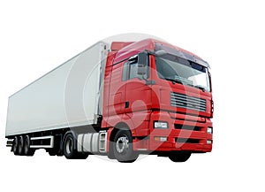 Red lorry with white trailer over white