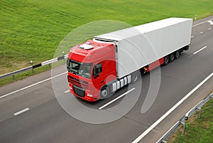 Red lorry with whiter trailer (upper view)