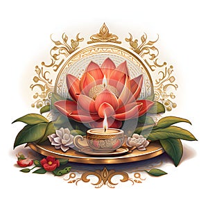 Red Lotus Flower with burning candles. Diwali, dipawali Indian festival of light, picture on white isolated background