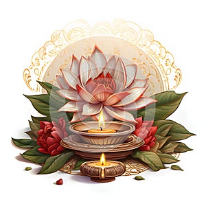 Red Lotus Flower with burning candles. Diwali, dipawali Indian festival of light, picture on white isolated background