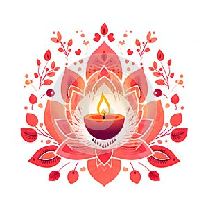 Red Lotus Flower with burning candles. Diwali, dipawali Indian festival of light, picture on white isolated background