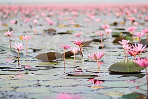 Red lotus in the pond at Kumphawapi, Udonthani, Thailand